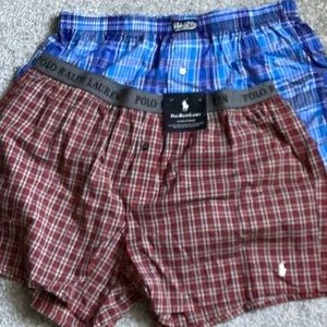 2 Polo Ralph Lauren Mens Button Fly Boxers, Size XL, Red Plaid/Blue Plaid, New